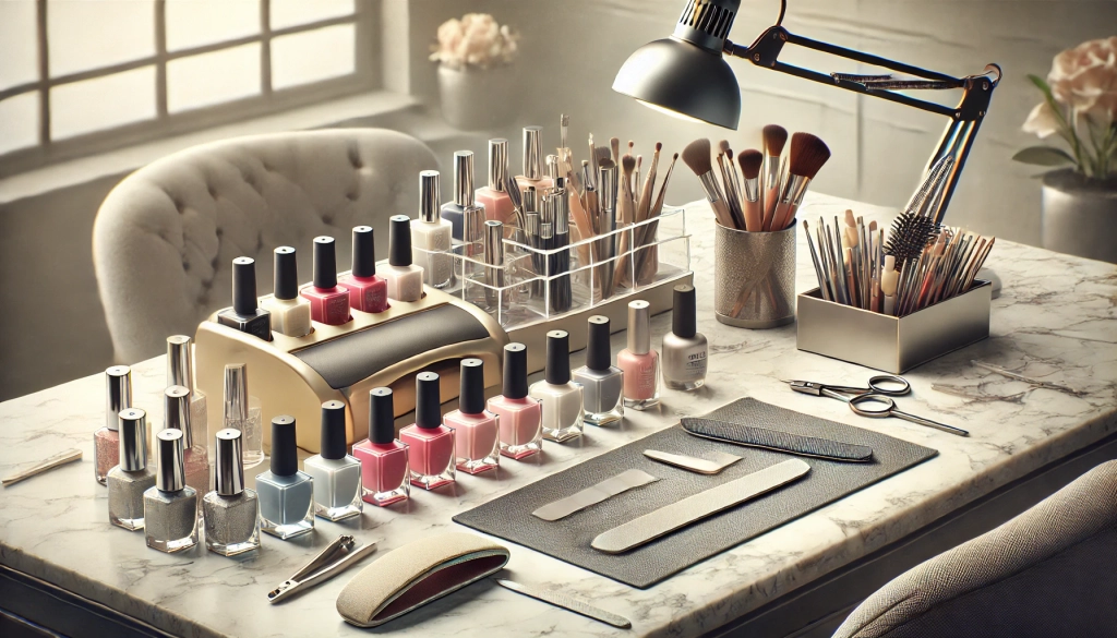 DALL·E 2024-10-26 18.16.37 - Create a realistic, artistically photographed image of a professional nail salon setup. The image should show various nail polish bottles, manicure to
