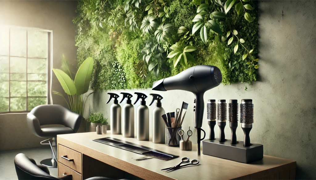 DALL·E 2024-10-26 18.23.29 - Create a realistic, artistically photographed image of a hair salon setting. Show hair dryers, scissors, and other salon tools arranged on a clean cou