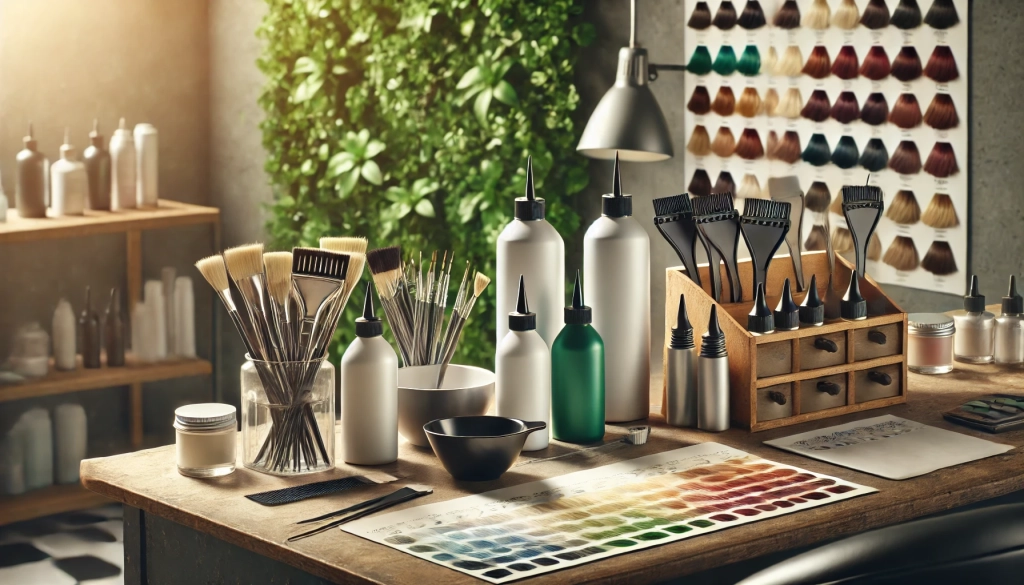 DALL·E 2024-10-26 18.26.38 - A realistic, artistically photographed image of a hair salon’s coloring station. Show professional-grade hair dyes, brushes, mixing bowls, and color c