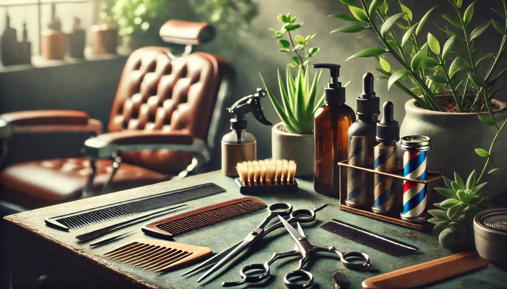 DALL·E 2024-10-26 18.29.42 - A realistic, artistically photographed image of a barbershop setting, focusing on high-quality barber tools such as scissors, combs, razors, and clipp